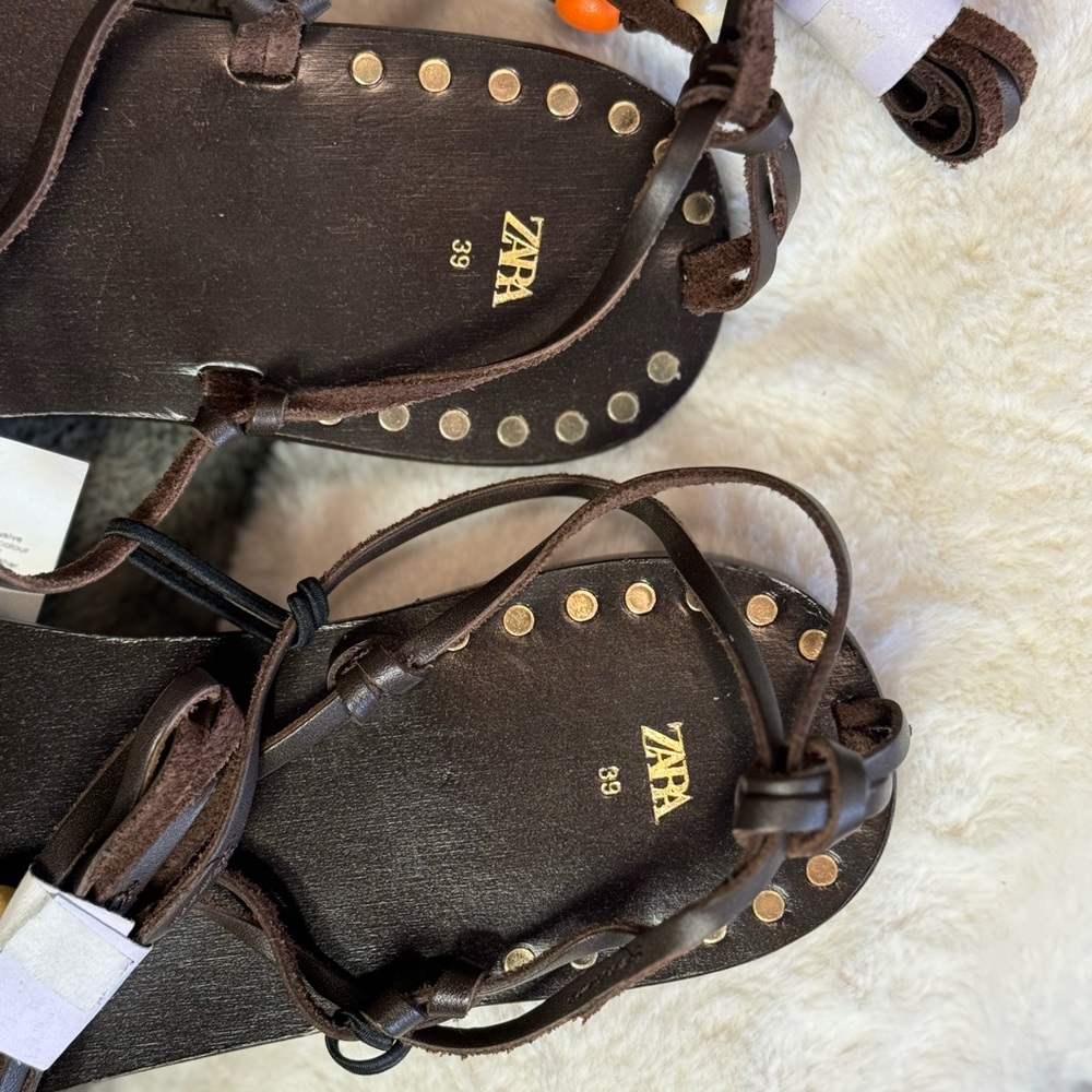 NWT Zara Woman BEADED LACE UP LEATHER SANDALS Shoes Size 8 - Picture 12 of 13
